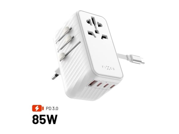 FIXED Voyager - Strømadapter - GaN - 85 watt - 10 A - PD 3.0 - 5 utgangskontakter (4 x USB-C, USB-type A) - hvit