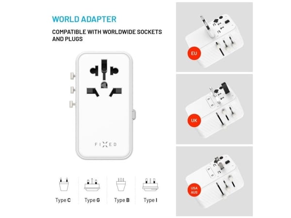 FIXED Voyager - Strømadapter - GaN - 85 watt - 10 A - PD 3.0 - 5 utgangskontakter (4 x USB-C, USB-type A) - hvit