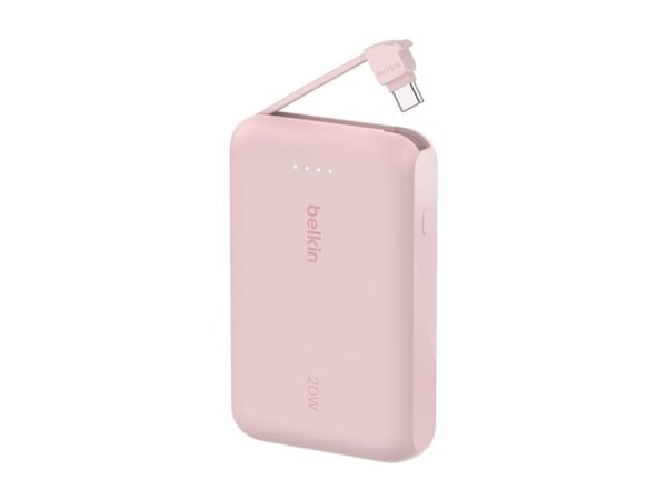Belkin BoostCharge - Strømbank - med integrert kabel - 10000 mAh - 20 watt - 3 A - Fast Charge - 2 utgangskontakter (USB-C) - rosa