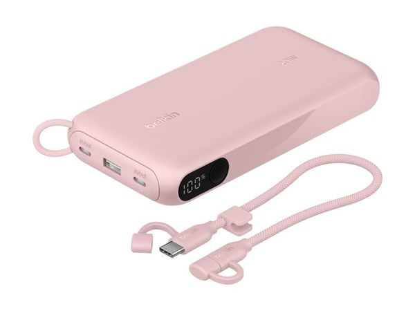 Belkin BoostCharge - Powerbank - näytöllä - 20000 mAh - 20 Watt - PD - 3 lähtöliitäntää (2 x USB-C, USB) - kaapelissa: USB-C - vaaleanpunainen väri