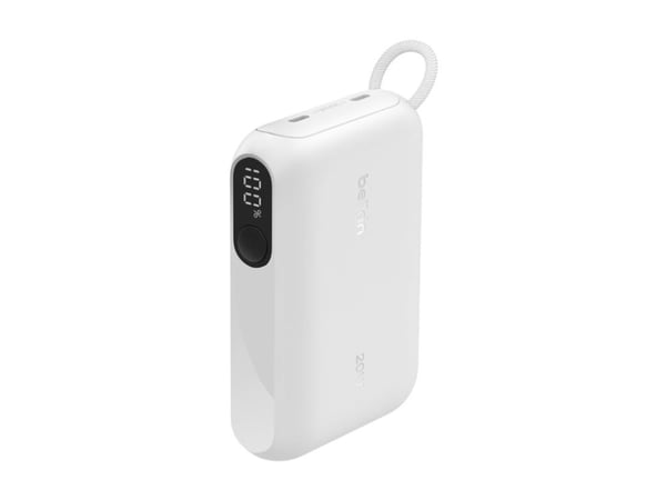 Belkin BoostCharge - Strømbank - med skjerm - 10000 mAh - 20 watt - PD, Fast Charge - 2 utgangskontakter (USB-C) - på kabel: USB-C - hvit