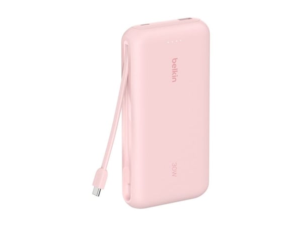 Belkin BoostCharge - Strømbank - med integrert kabel - 20000 mAh - 30 watt - PD - 3 utgangskontakter (2 x USB-C, USB) - MFI-sertifisert - rosa Belkin BoostCharge - Strømbank - med integrert kabel - 20000 mAh - 30 watt - PD - 3 utgangskontakter (2 x USB-C, USB) - MFI-sertifisert - rosa