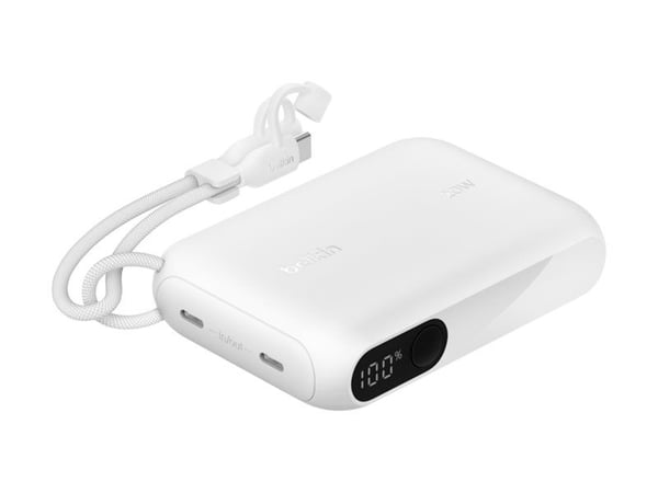 Belkin BoostCharge - Strømbank - med skjerm - 10000 mAh - 20 watt - PD, Fast Charge - 2 utgangskontakter (USB-C) - på kabel: USB-C - hvit