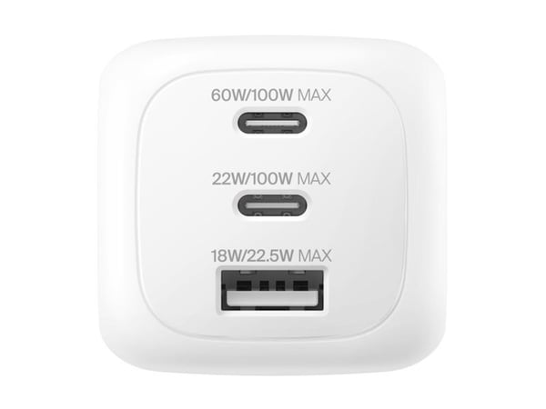 Belkin BoostCharge Pro - Strømadapter - GaN - 100 watt - PD 3.1/PPS - 3 utgangskontakter (2 x USB-C, USB) - hvit - med reiselader sett
