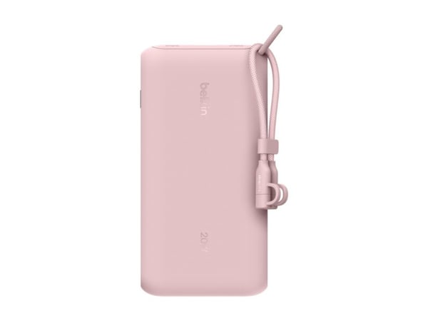 Belkin BoostCharge - Powerbank - näytöllä - 20000 mAh - 20 Watt - PD - 3 lähtöliitäntää (2 x USB-C, USB) - kaapelissa: USB-C - vaaleanpunainen väri