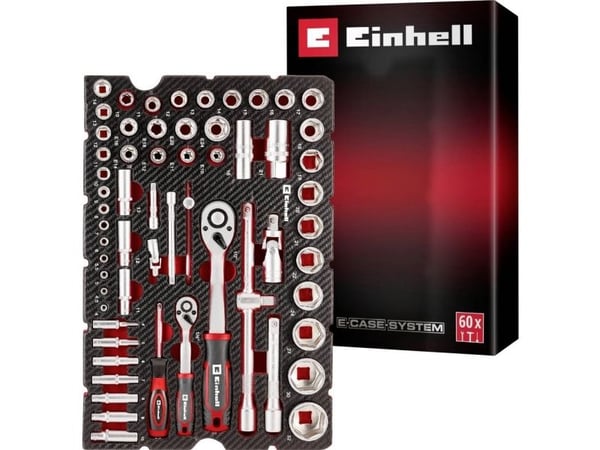 Einhell 370520 Hylsy- ja räikkäsarja 60 kpl. inserttilevy Kuffertindlæg. 60 dele
