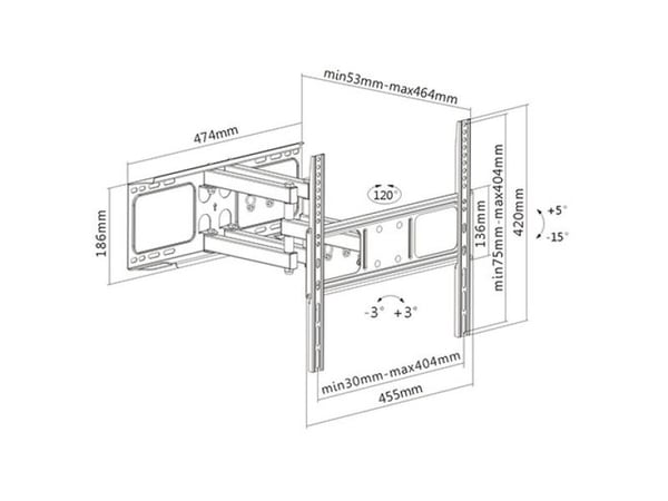 Techly ICA-PLB 344STY, 200 x 200 mm, 400 x 400 mm, -15 - 5°, -60 - 60°, Stål, Sort