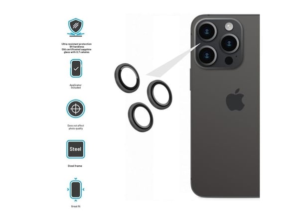 FIXED FIXGCS-1202-BK, Apple, iPhone 15 Pro/15 Pro Max, Ripebestandig, Slagbestandig, Gjennomsiktig, Svart, 2 stykker