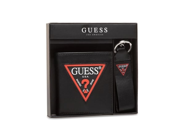 Guess-sett: Lær nøkkelring, svart + Daelon, lær lommebok small billfold, rød/svart