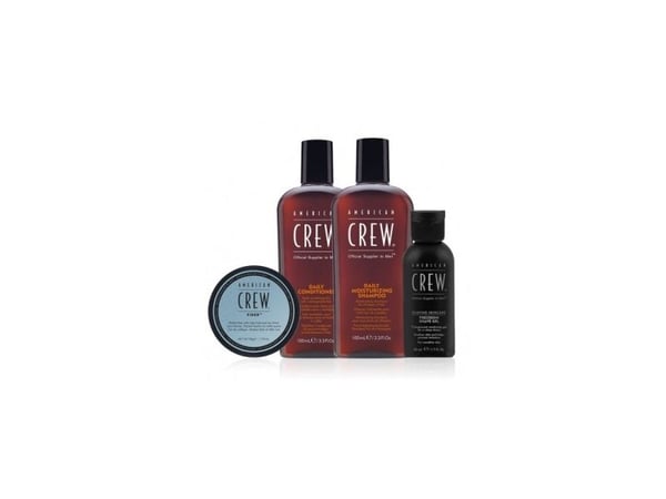 American Crew Essential-sett: Daily hårbalsam 100 ml + Daily hårsjampo 100 ml + Fiber hårstylingpomade 50 ml + Precision soothing barbergel 50 ml