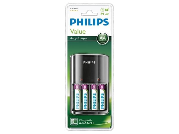 Philips MultiLife Batterilader SCB1490NB/12, Nikkelmetallhydrid (NiMH), AA, AAA, Batterier medfølger