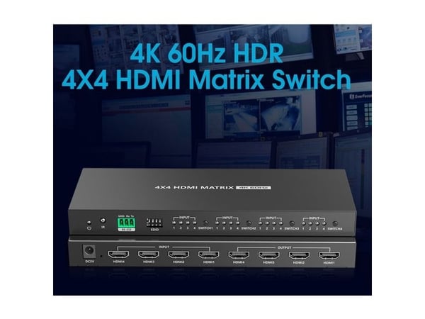 Techly IDATA HDMI-MX44, AV-matrisevelger, 18 Gbit/s, 4096 x 2160 piksler, 4096 x 2160 piksler, 1.4/2.2, 480i@60Hz, 480p@60Hz, 576i@50Hz, 576p@50Hz,...