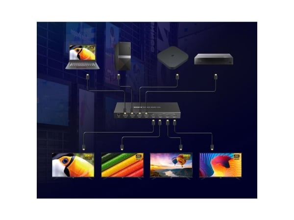 Techly IDATA HDMI-MX44, AV-matrisevelger, 18 Gbit/s, 4096 x 2160 piksler, 4096 x 2160 piksler, 1.4/2.2, 480i@60Hz, 480p@60Hz, 576i@50Hz, 576p@50Hz,...