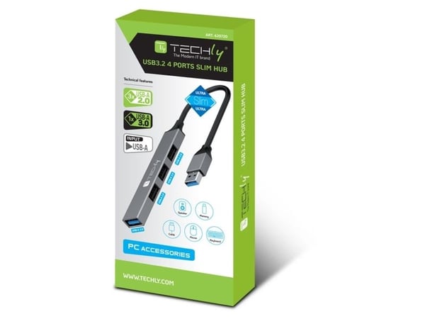 Techly IUSB32-HUB4A-3U2SLS, langallinen, USB 3.2 Gen 1 (3.1 Gen 1) Type-A, harmaa, 5 Gbit/s, metalli, USB, USB