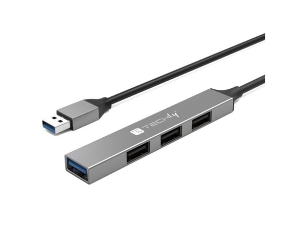 Techly IUSB32-HUB4A-3U2SLS, langallinen, USB 3.2 Gen 1 (3.1 Gen 1) Type-A, harmaa, 5 Gbit/s, metalli, USB, USB