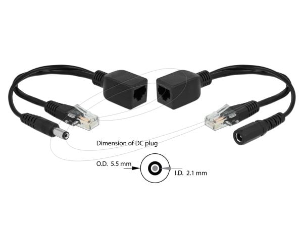 Delock Passive PoE Adapter Set RJ45 DC 5.5 x 2.1 mm - Strøminjektor - svart (en pakke 2)