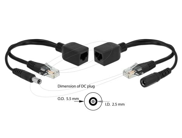 Delock Passive PoE Adapter Set RJ45 DC 5.5 x 2.5 mm - Strøminjektor - svart (en pakke 2)