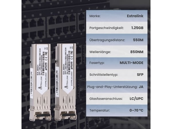 Splitter Extralink SFP 1.25G 2 pakke | SFP-modul | 1,25 Gbps, LC/UPC, 850nm, 550m, Multi-Mode, DOM for HP/Aruba