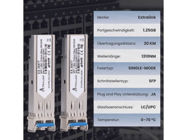 Splitter Extralink SFP 1,25G 2 stk. | SFP-modul | 1,25 Gbps, LC/UPC, 1310 nm, 20 km, enkeltmodus, DOM (for HP / Aruba)