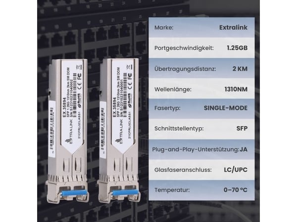 Extralink SFP 1.25G 2 pack | SFP-moduuli | 1.25 Gbps, LC/UPC, 1310 nm, 2 km, yksimoodi, DOM