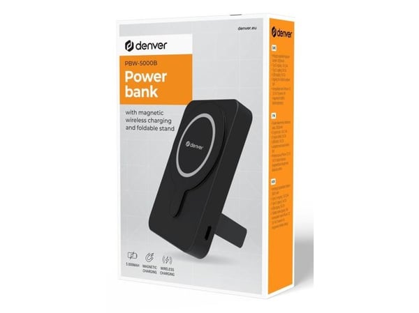 Denver PBW-5000B, 5000 mAh, Lithium Polymer (LiPo), Trådløs lading, 3,7 V, 10 W, Svart