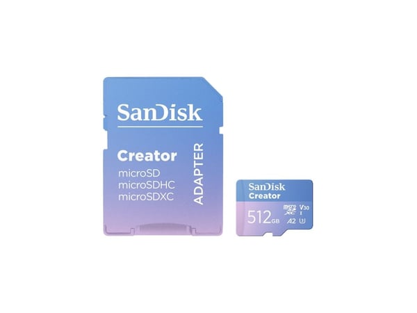 SanDisk Creator - Flashminnekort (microSDXC til SD-adapter inkludert) - 512 GB - A2 / Video Class V30 / UHS-I U3 - microSDXC UHS-I