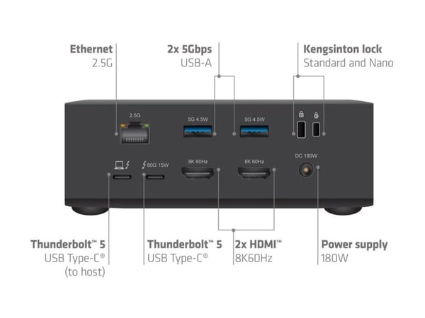 Club 3D - Dokkingstasjon - for bærbar, smarttelefon, bærbar - Thunderbolt 5 - 2 x HDMI, Thunderbolt - 1GbE - 180 watt