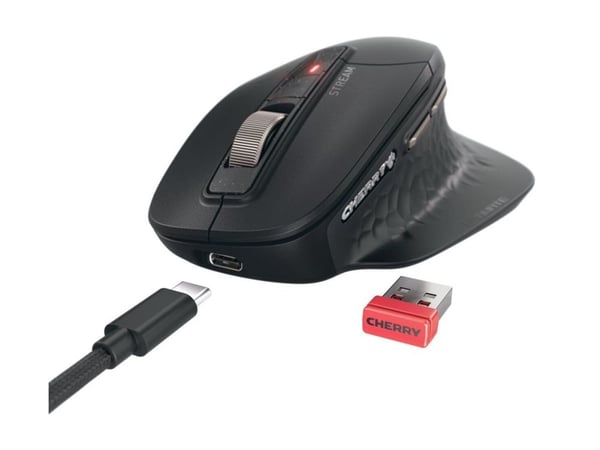 CHERRY STREAM Ultimate - Mus - ergonomisk - høyrehendt - optisk - 7 knapper - trådløs, kablet - 2.4 GHz, Bluetooth 5.2 - USB trådløs mottaker - svart