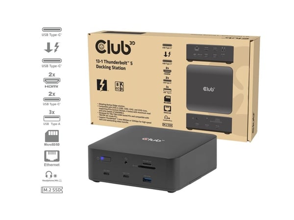 Club 3D - Dockningsstation - för laptop, smartmobil, surfplatta - Thunderbolt 5 - 2 x HDMI, Thunderbolt - 1GbE - 180 Watt