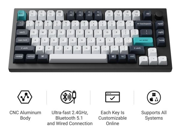Keychron Q1 Max, Kabel & Trådlös, USB + RF Wireless + Bluetooth, Mekaniska tangentbrytare, QWERTY, RGB LED, Svart, Cyan, Mörkblå, Vit