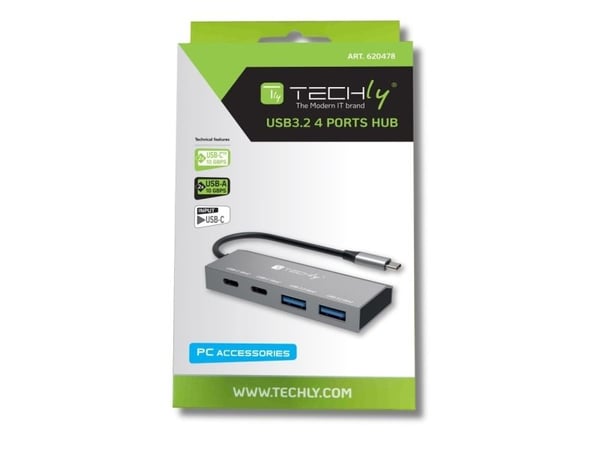 Techly IUSB32C-HUB4AC2, trådbunden, USB 3.2 Gen 1 (3.1 Gen 1) Typ-C, silver, 10 Gbit/s, metall, USB