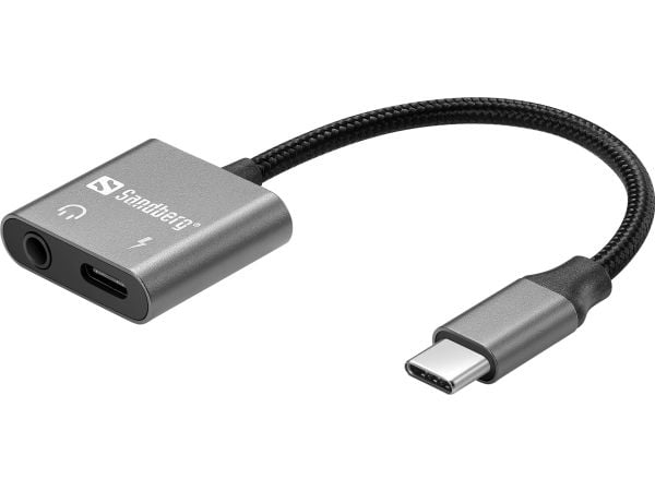 Sandberg - USB-C til hodetelefonjakk / ladeadapter - 24 pin USB-C hann til 24 pin USB-C, minijakk hunn - USB Power Delivery (65 W)