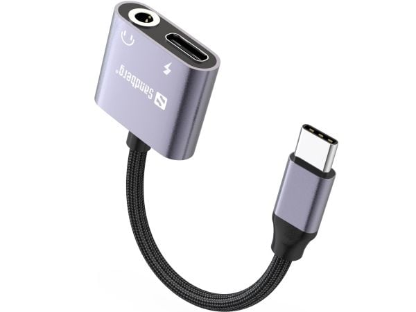 Sandberg - USB-C til hodetelefonjakk / ladeadapter - 24 pin USB-C hann til 24 pin USB-C, minijakk hunn - USB Power Delivery (65 W)