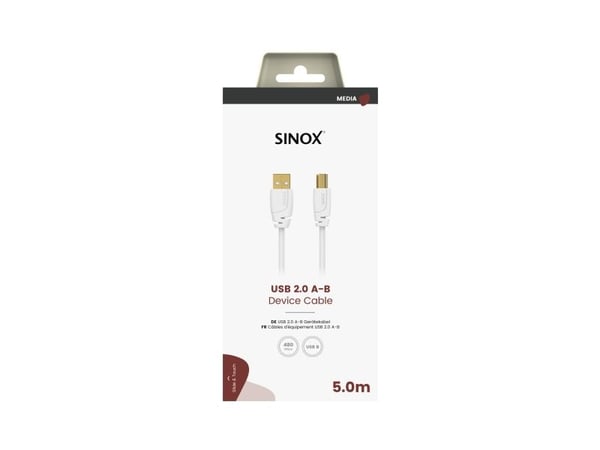 Sinox USB 2.0 tulostinkaapeli. 5m. Valkoinen