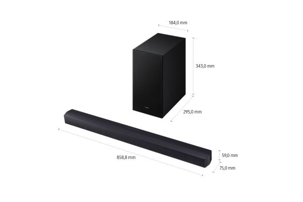 Samsung HW-B460GF, 2.1 kanaler, DTS Virtual:X, Dolby Lyd, Adaptiv, Spill, Standard, Utvidelse av surroundlyd, Trådløs, Svart, AAC, AIFF, FLAC, MP3,...