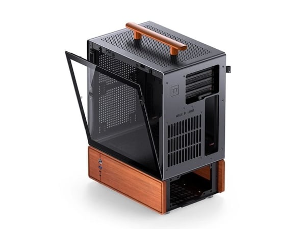 Jonsbo T7, Midi Tower, PC, Svart, Tre, ITX, Stål, Glass, Aluminium, Spilling