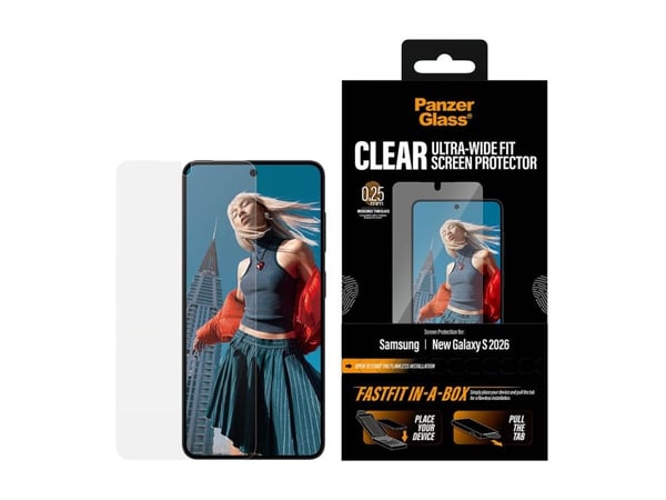 PanzerGlass - Skjermbeskyttelse for mobiltelefon - ultra-bred passform med FASTFIT IN-A-BOX - glass - blank - for Samsung Galaxy S26