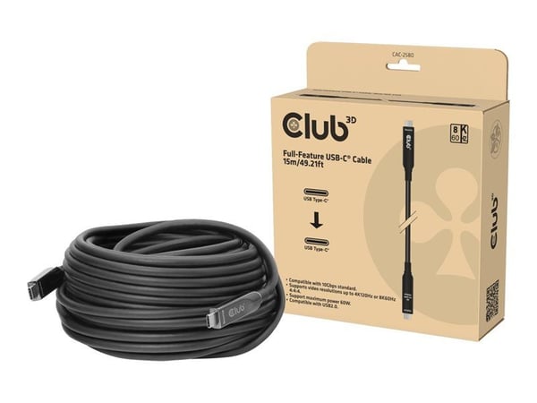 Club 3D - USB-kabel - USB-C (hann) til USB-C (hann) - 15 m - up to 60W power delivery support, toretnings, 8K 60Hz støtte, 4K 120 Hz støtte