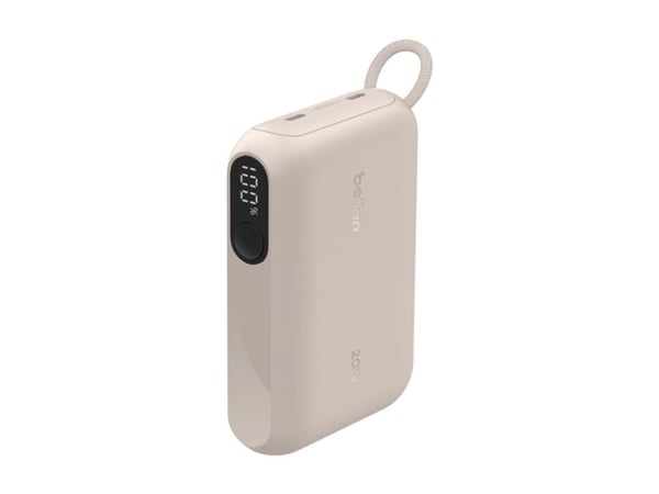 Belkin BoostCharge - Strømbank - med skjerm - 10000 mAh - 20 watt - PD - 2 utgangskontakter (USB-C) - på kabel: USB-C - sand