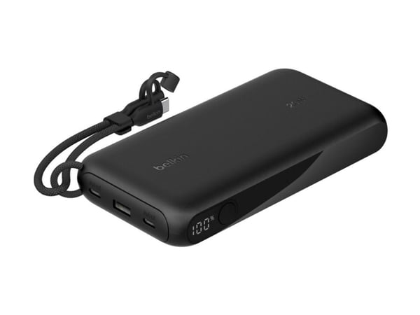 Belkin BoostCharge - Strømbank - med skjerm - 20000 mAh - 20 watt - PD - 3 utgangskontakter (2 x USB-C, USB) - på kabel: USB-C - svart