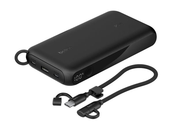 Belkin BoostCharge - Strømbank - med skjerm - 20000 mAh - 20 watt - PD - 3 utgangskontakter (2 x USB-C, USB) - på kabel: USB-C - svart