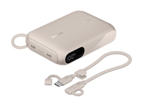 Belkin BoostCharge - Strømbank - med skjerm - 10000 mAh - 20 watt - PD - 2 utgangskontakter (USB-C) - på kabel: USB-C - sand