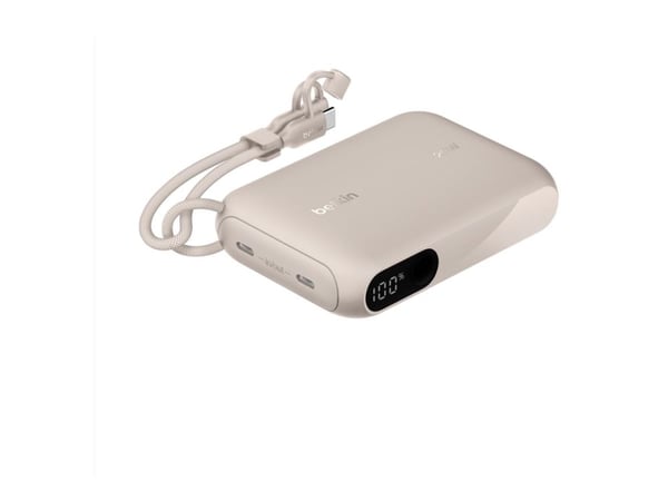 Belkin BoostCharge - Strømbank - med skjerm - 10000 mAh - 20 watt - PD - 2 utgangskontakter (USB-C) - på kabel: USB-C - sand