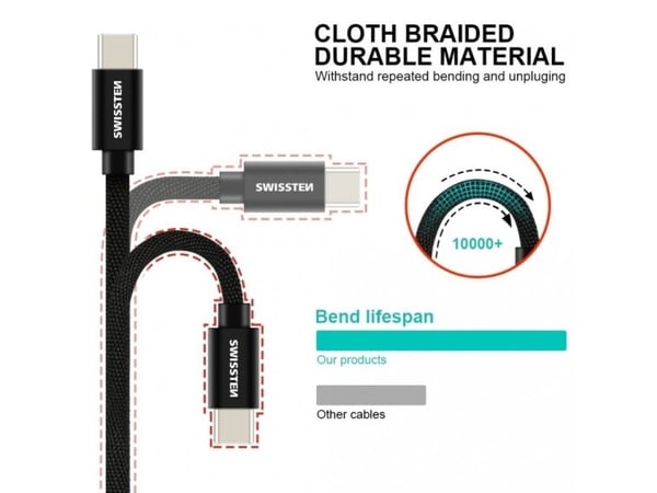 Swissten tekstil USB - USB-C 3,0m svart