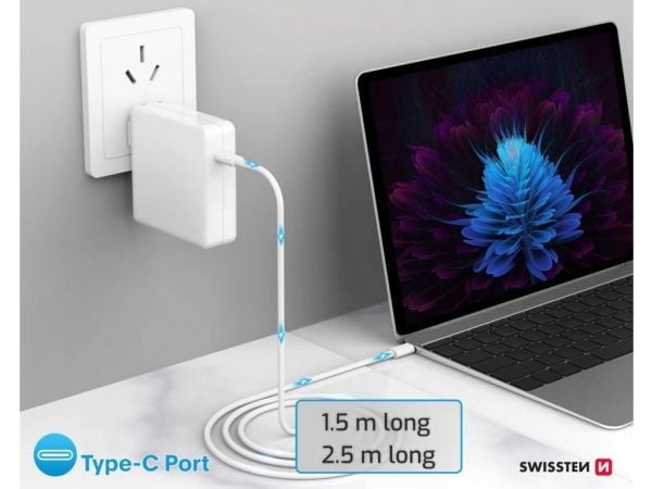 Swissten 71506530, 2,5 m, USB C, USB C, Valkoinen