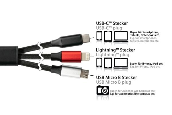 PYTHON 1.20m USB 6-in-1 latauskaapeli USB-A ja USB-C Micro B:hen - Digitaalinen/Data - 1.2m (PY-USB001S)