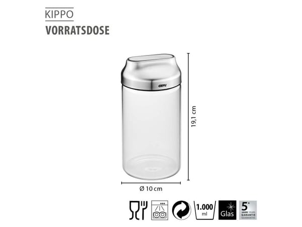 GEFU KIPPO, Purkki, Pyöreä, 1 L, Ruostumaton teräs, Läpinäkyvä, Borosilikaattilasi, Ruostumaton teräs, Kiertäminen
