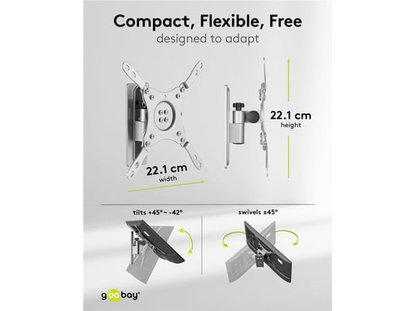 Goobay 71987, 75 x 75 mm, 200 x 200 mm, -42 - 45°, -45 - 45°, Aluminium, Stål, Sølv