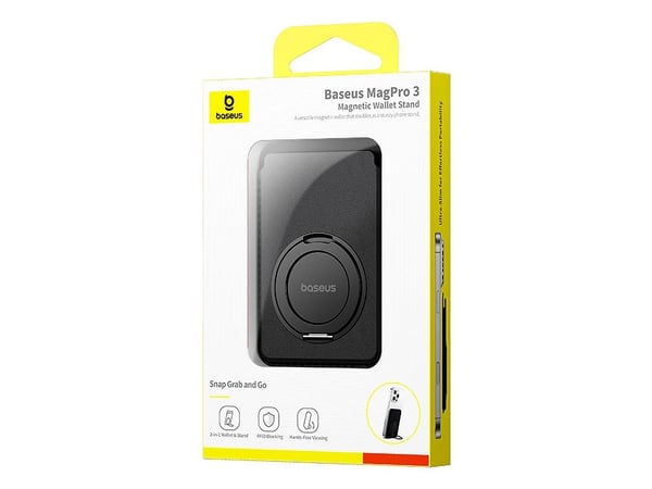 Baseus MagPro 3, Kortholder, Svart, Aluminium, Stoff, Polyuretan (PU), Apple, MagSafe iPhones (12–16 series), 0,5 år