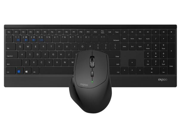 Rapoo 9500M, Full størrelse (100 og), Trådløs, RF trådløs + Bluetooth, QWERTY, Svart, Mus inkludert